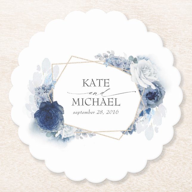 Dusty Blue Floral Elegant Paper Coaster (Front)
