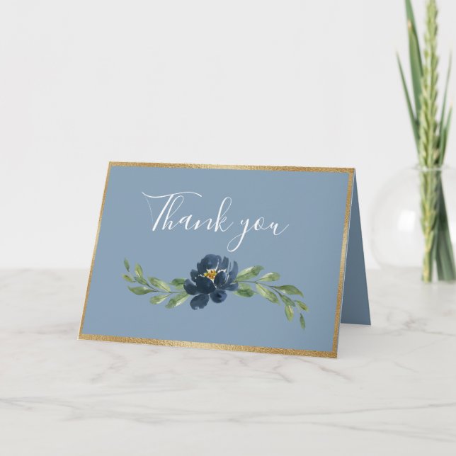 Dusty Blue Floral Elegant Romantic Greenery Thank You Card (Front)