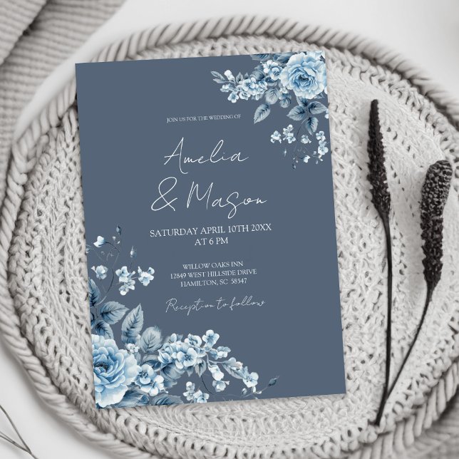 Dusty Blue Floral Elegant Script Wedding  Invitation (Dusty Blue Floral Elegant Script Wedding Invitation)