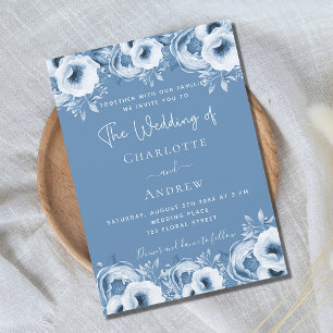 Dusty blue floral elegant script wedding invitation postcard