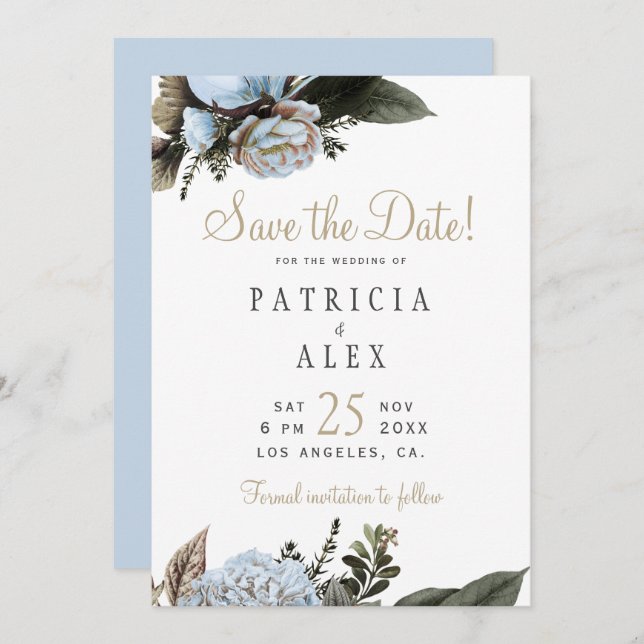 Dusty blue floral elegant wedding save the date (Front/Back)