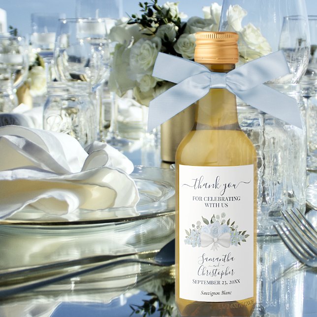 Dusty Blue Floral Elegant Wedding Thank You Mini Wine Label (Creator Uploaded)