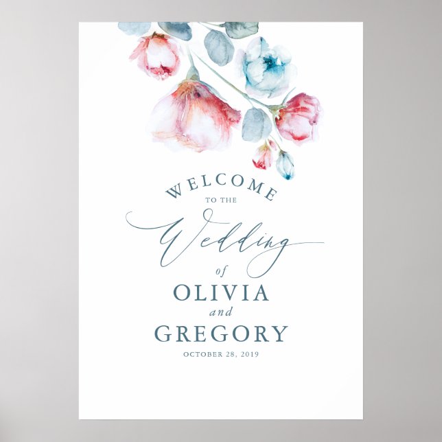 Dusty Blue Floral Elegant Wedding Welcome Sign (Front)