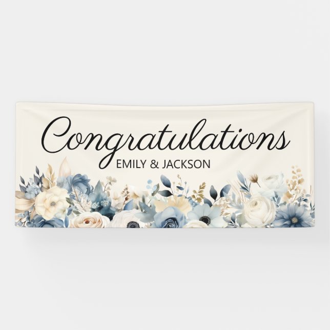 Dusty Blue Floral Engagement Party Banner (Horizontal)