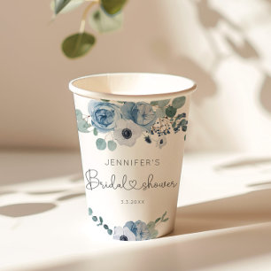 Dusty blue floral eucalyptus bridal shower paper cups
