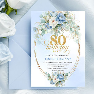 Dusty Blue Floral Eucalyptus Gold 80th Birthday Invitation
