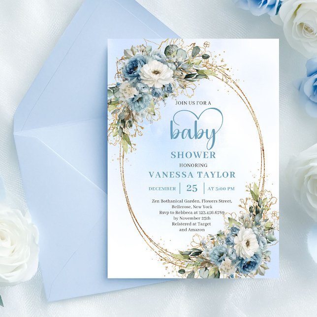 Dusty Blue Floral Eucalyptus Gold Script Baby Show Invitation (Dusty Blue Floral Eucalyptus Gold Script Baby Shower

)