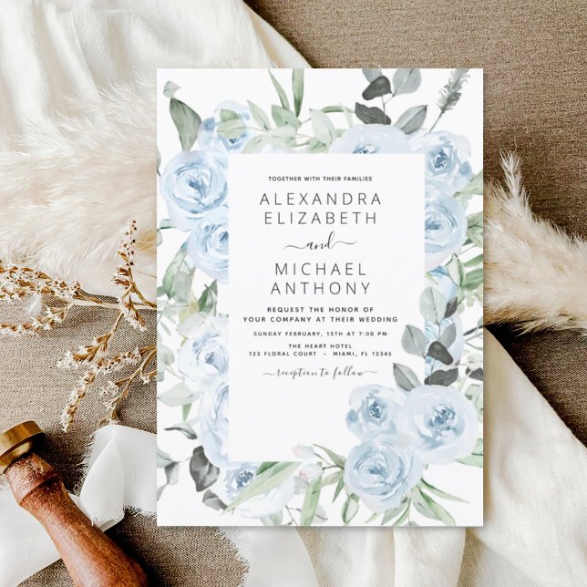 Dusty Blue Floral Eucalyptus Greenery Wedding Invi Invitation (Creator Uploaded)