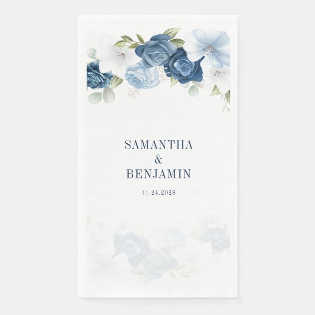 Dusty Blue Floral Eucalyptus Greenery Wedding Napkin (Front)