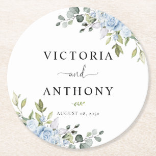 Dusty Blue Floral Eucalyptus Round Wedding Coaster