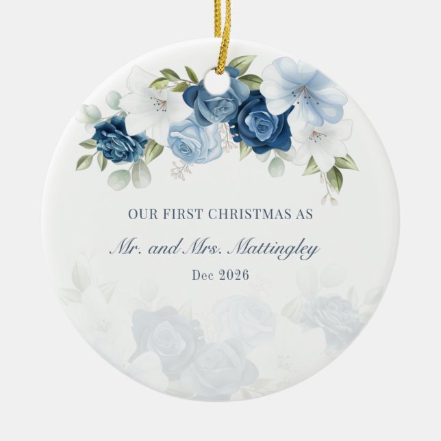 Dusty Blue Floral Eucalyptus Succulent Couples Ceramic Ornament (Front)