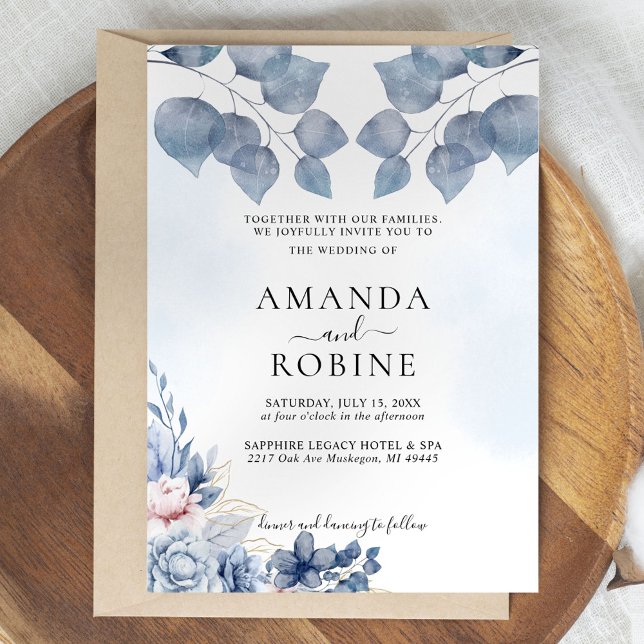 Dusty Blue Floral Eucalyptus Wedding Invitation (Creator Uploaded)