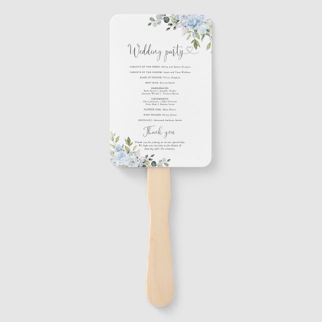 Dusty Blue Floral Eucalyptus Wedding Program Hand Fan (Back)