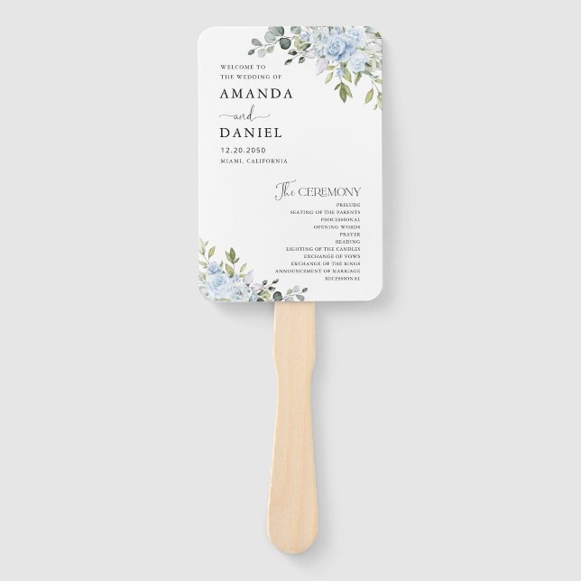 Dusty Blue Floral Eucalyptus Wedding Program Hand Fan (Front)