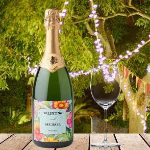 Dusty Blue Floral Fiesta Mexican Wedding Sparkling Wine Label