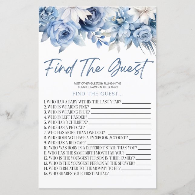 Dusty Blue Floral Find The Guest Baby Shower Game (Front)