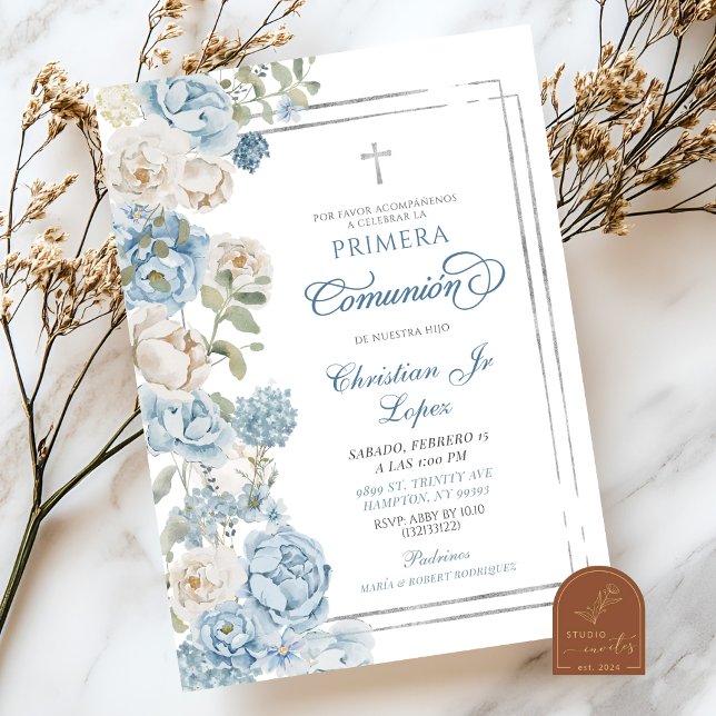 Dusty Blue Floral First Holy Communion I Invitation (Creator Uploaded)
