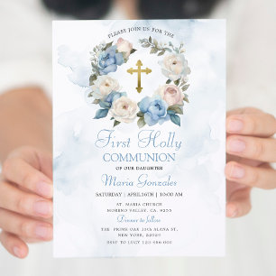Dusty Blue Floral First Holy Communion Invitation