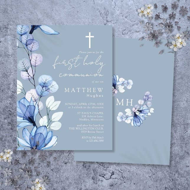 Dusty Blue Floral First Holy Communion Invitation Postcard (Dusty Blue Floral First Holy Communion Invitation Postcard)