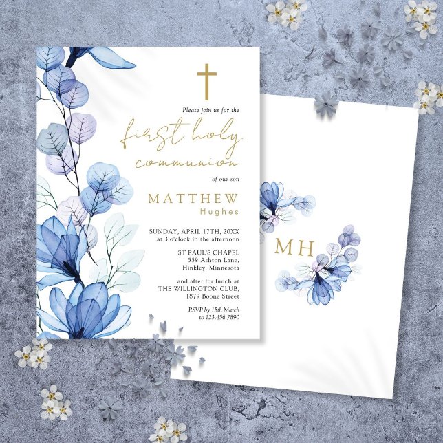 Dusty Blue Floral First Holy Communion Invitation Postcard (Dusty Blue Floral First Holy Communion Invitation Postcard)