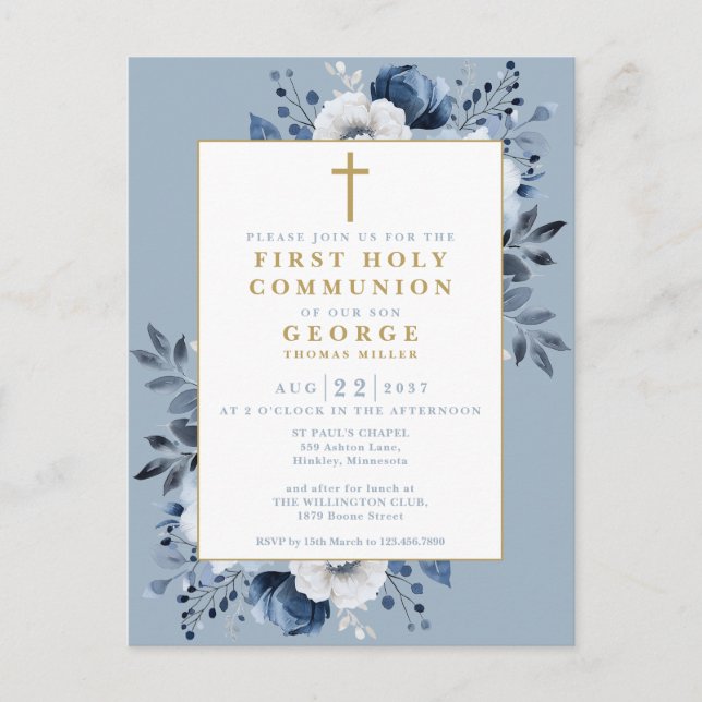 Dusty Blue Floral First Holy Communion Invitation Postcard (Front)