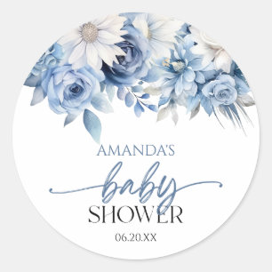Dusty Blue Floral Flowers Baby Shower Classic Round Sticker
