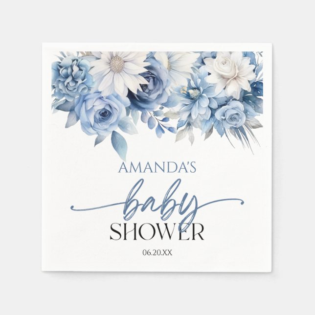 Dusty Blue Floral Flowers Baby Shower Napkin (Front)