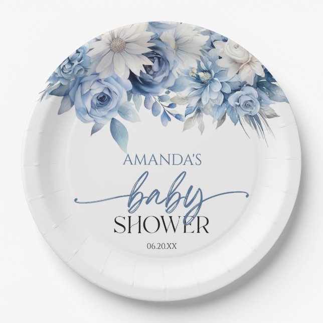 Dusty Blue Floral Flowers Baby Shower Paper Plate (Front)