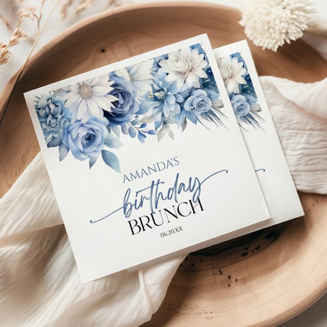 Dusty Blue Floral Flowers Birthday Brunch Party Napkin (Creator Uploaded)