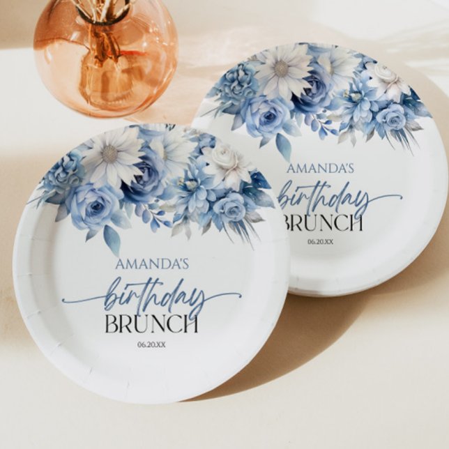Dusty Blue Floral Flowers Birthday Brunch Party Paper Plate (Creator Uploaded)