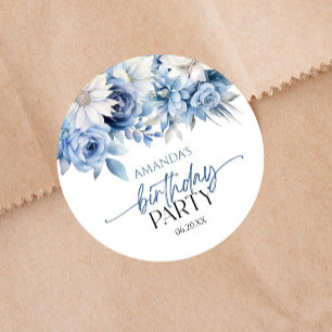 Dusty Blue Floral Flowers Birthday Party Classic Round Sticker