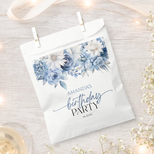 Dusty Blue Floral Flowers Birthday Party Favour Bag (Clipped)