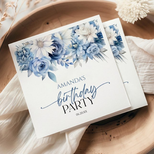 Dusty Blue Floral Flowers Birthday Party Napkin (Creator Uploaded)