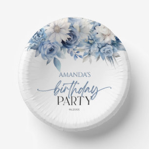 Dusty Blue Floral Flowers Birthday Party Paper Plate
