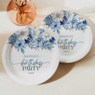 Dusty Blue Floral Flowers Birthday Party Paper Plate