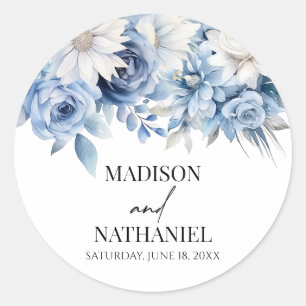 Dusty Blue Floral Flowers Botanical Wedding Classic Round Sticker