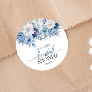 Dusty Blue Floral Flowers Bridal Shower Classic Round Sticker
