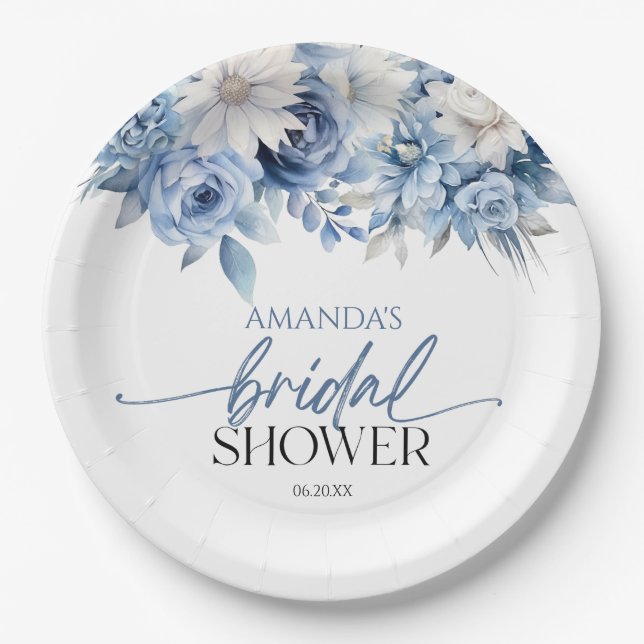 Dusty Blue Floral Flowers Bridal Shower Paper Plate (Front)