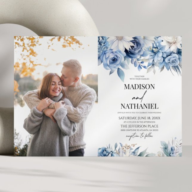 Dusty Blue Floral Flowers Custom Picture Wedding Invitation (Creator Uploaded)