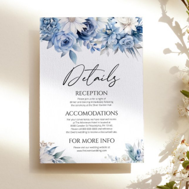Dusty Blue Floral Flowers Garden Wedding Details Enclosure Card (Creator Uploaded)