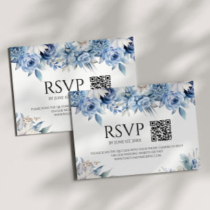 Dusty Blue Floral Flowers Garden Wedding QR Code RSVP Card