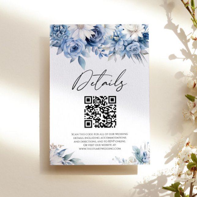Dusty Blue Floral Flowers QR Code Wedding Details Enclosure Card (Creator Uploaded)