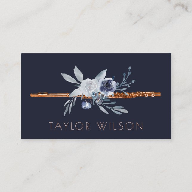 dusty blue floral flute teacher business card (Front)