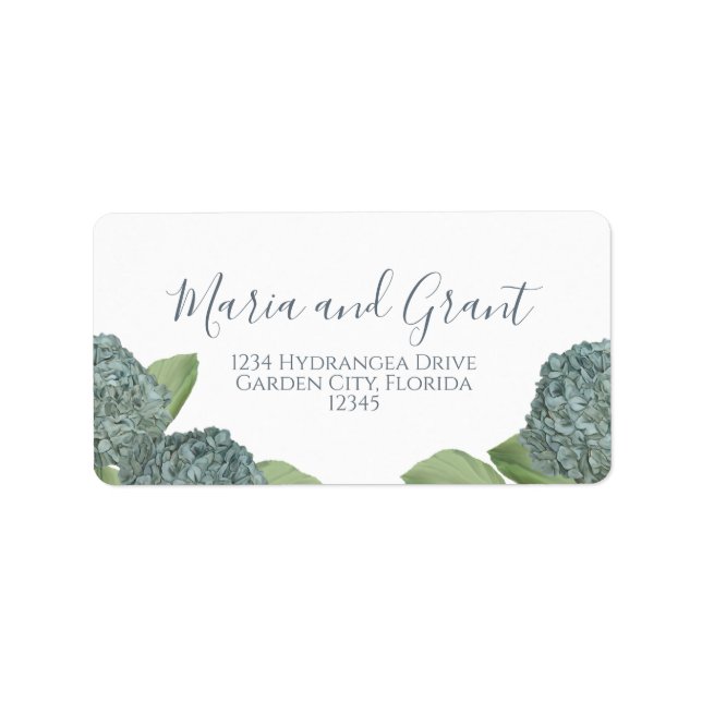 Dusty Blue Floral Foliage Hydrangea Wedding Label (Front)
