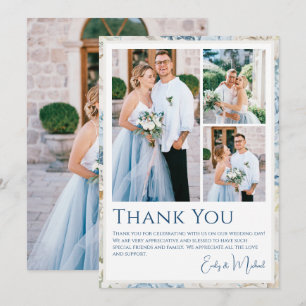 Dusty Blue Floral Four Photo Wedding Thank You Card