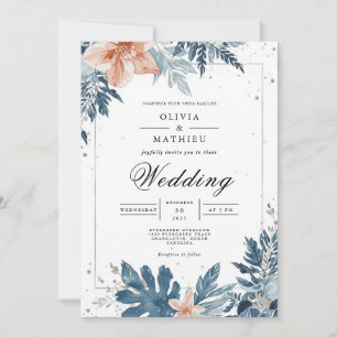 Dusty Blue Floral Frame Wedding Invitation