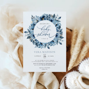 Dusty Blue Floral Frame Winter Baby Shower Invitation