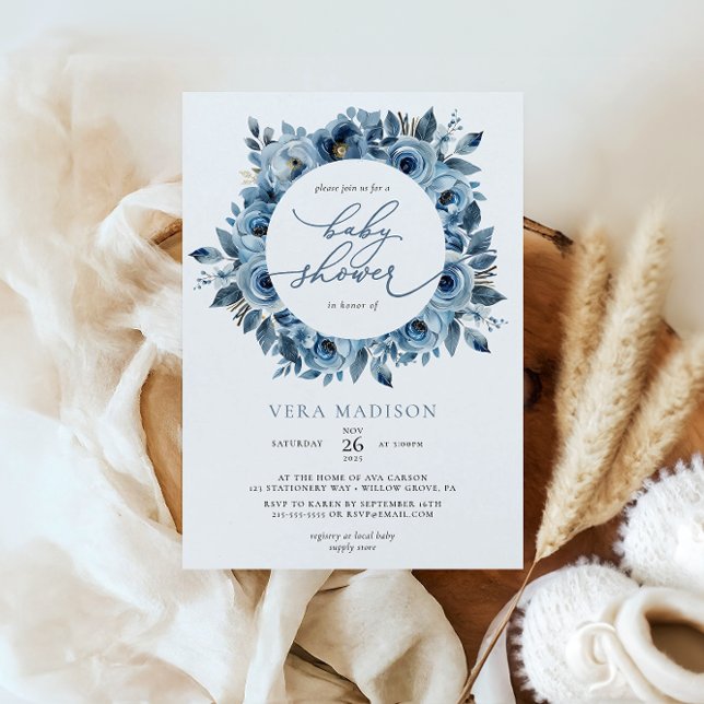 Dusty Blue Floral Frame Winter Baby Shower Invitation (Creator Uploaded)