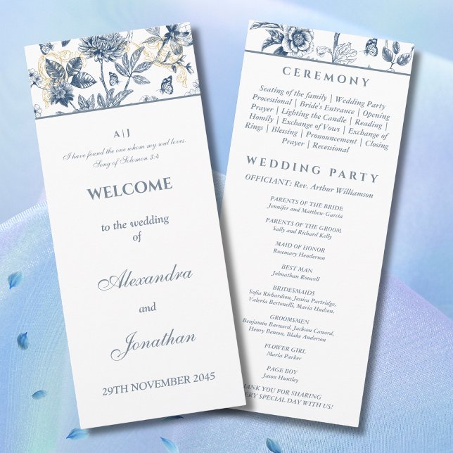 Dusty Blue Floral French Christian Wedding Program (Creator Uploaded)