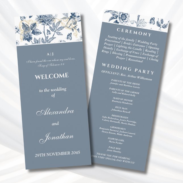 Dusty Blue Floral French Christian Wedding Program (Creator Uploaded)